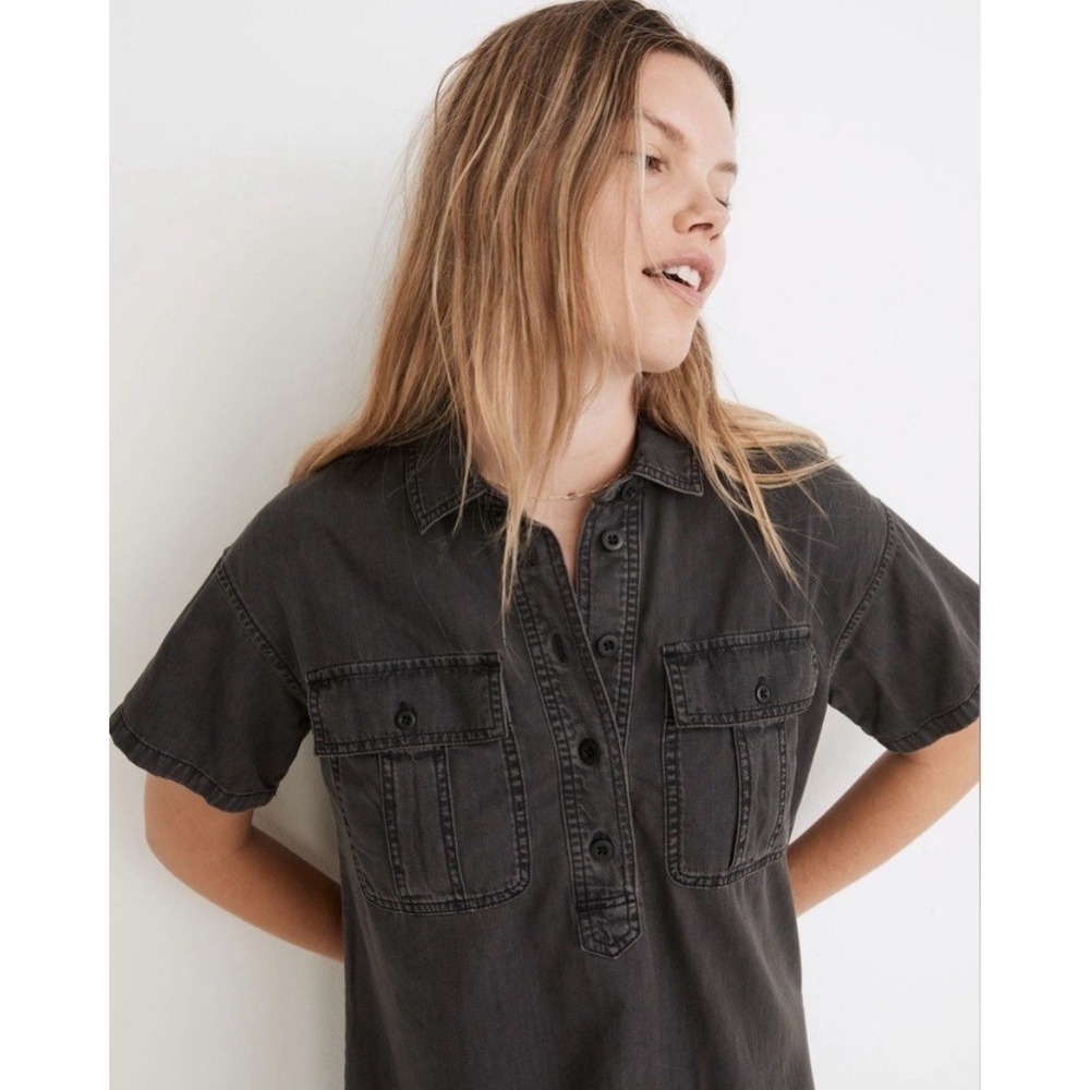 Madewell Popover Shirt Dress XS‎ Black Denim Short Sleeve Relaxed Utility Beach - Picture 3 of 10